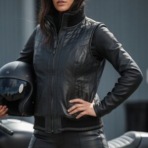 Harley Davidson Motorclothes Fawnridge Leather Vest Knit Turtleneck Size XL Moto